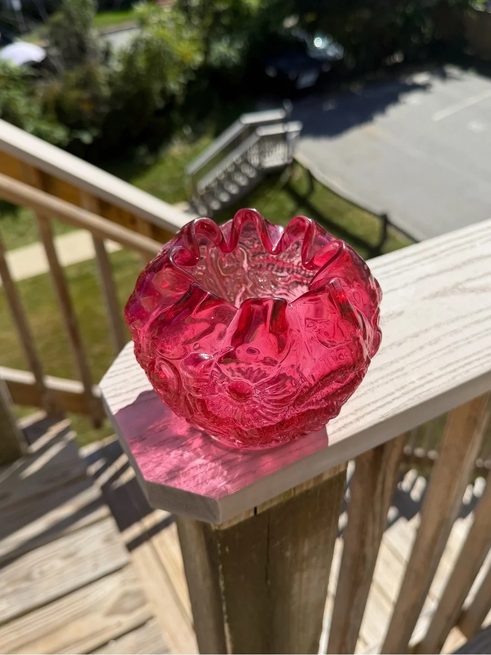 Fenton 1970s Cranberry Rose Poppy Embossed Flowers Crimped Top Rose Bowl Vase